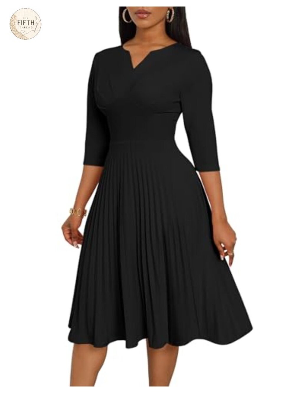 Pleated Midi Dress Women 3/4 Sleeve A-Line Empire Waist Church Dress